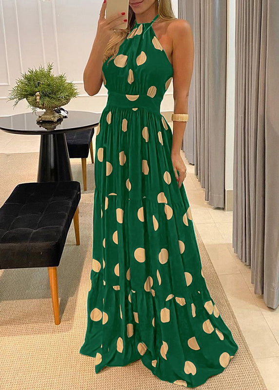 LB | Fashion Green Dot Print Halter Backless Maxi Dress Sleeveless