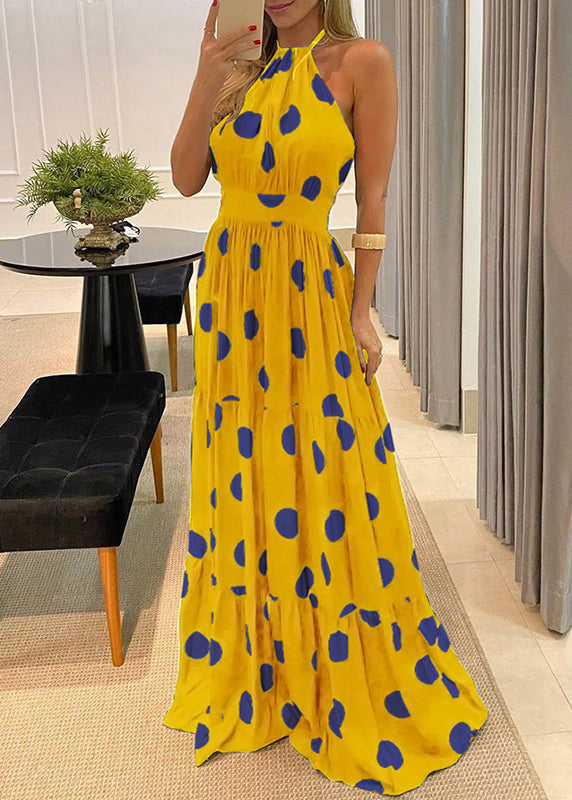LB | Fashion Green Dot Print Halter Backless Maxi Dress Sleeveless