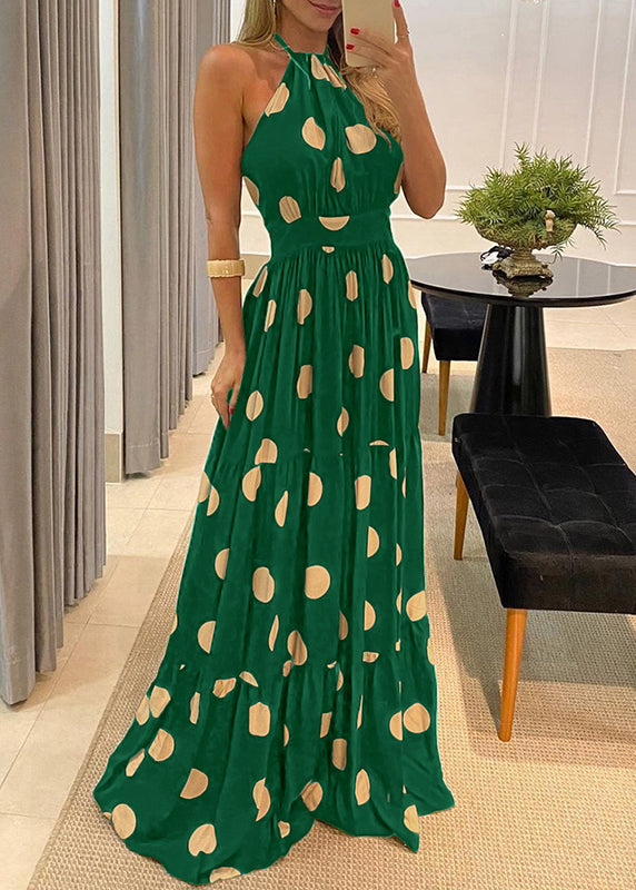 LB | Fashion Green Dot Print Halter Backless Maxi Dress Sleeveless