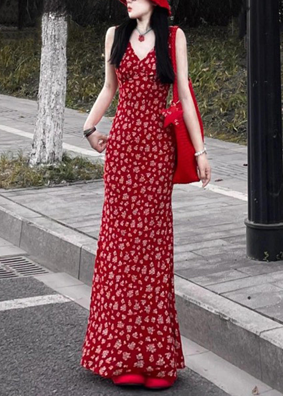 LB | Moda maxi sukienka czerwony nadruk V