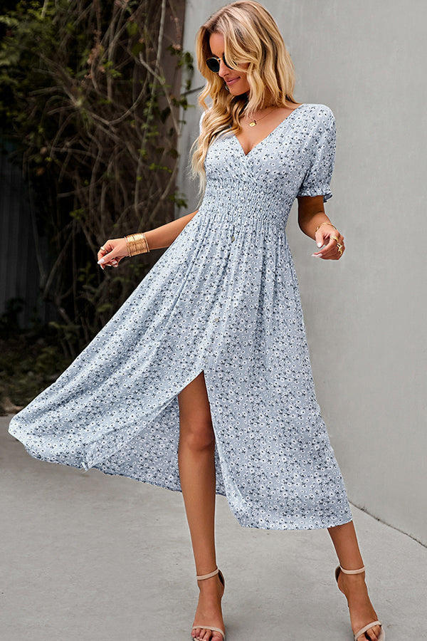 LB | Fashion Sukienka maxi z dekoltem w szpic i kwiatowym nadrukiem na piersi