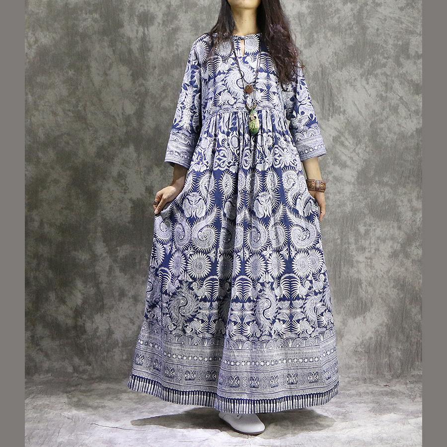 LB | Francuska drukowana lniana bawełniana odzież dla kobiet plus size dekolt niebieski sukienka maxi lato