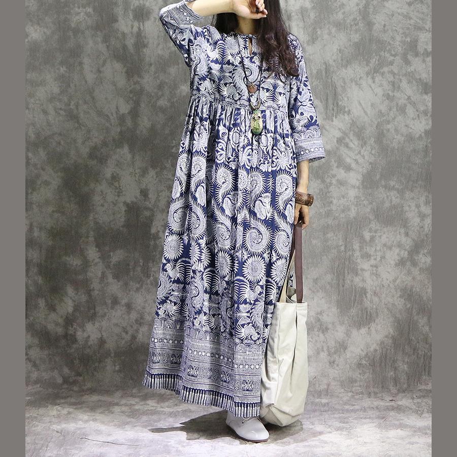 LB | Francuska drukowana lniana bawełniana odzież dla kobiet plus size dekolt niebieski sukienka maxi lato