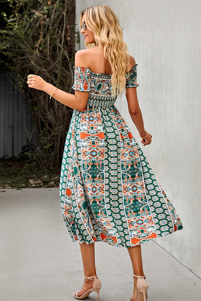 LB | Zielona sukienka midi boho z odkrytymi ramionami