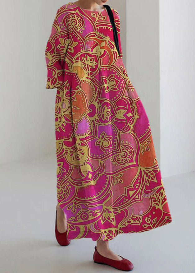 LB | Italian Purple O-Neck Print Pockets Party Maxi Dress Bracelet Sleeves