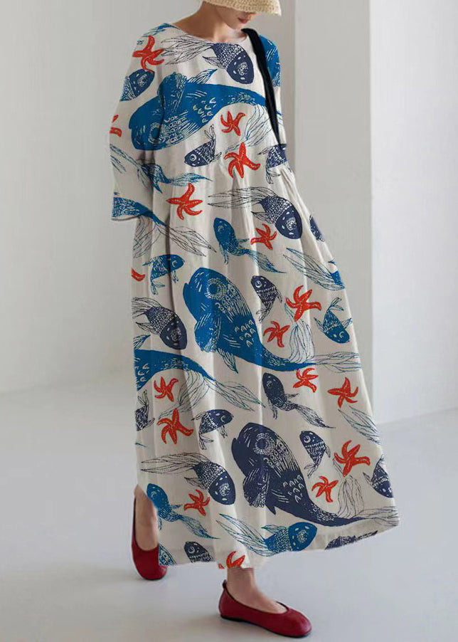 LB | Italian Purple O-Neck Print Pockets Party Maxi Dress Bracelet Sleeves
