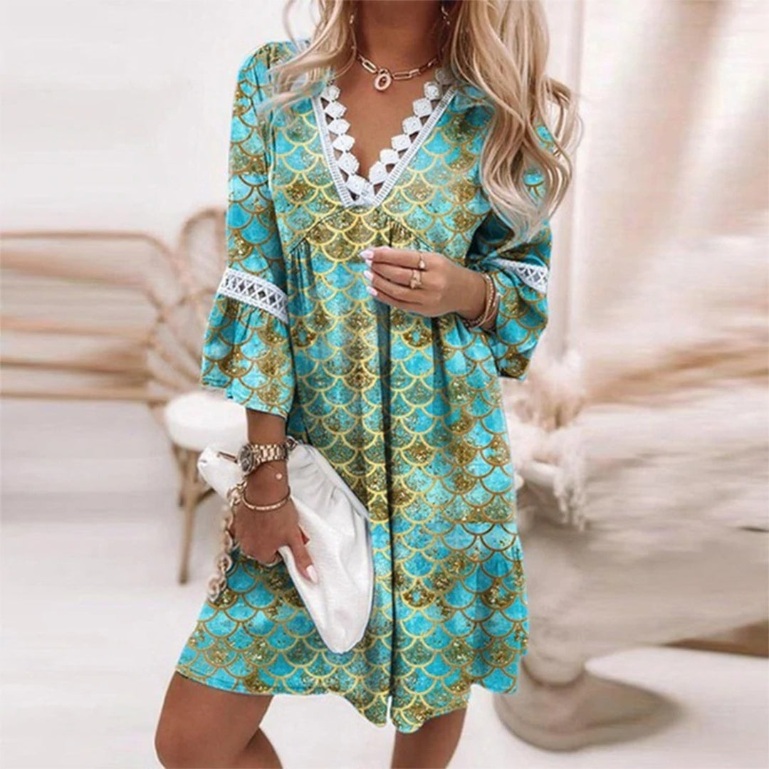 LB | Damska sukienka midi - Luźny krój - Dekolt w szpic z koronkowym wykończeniem - Naturalne włókna - Styl boho