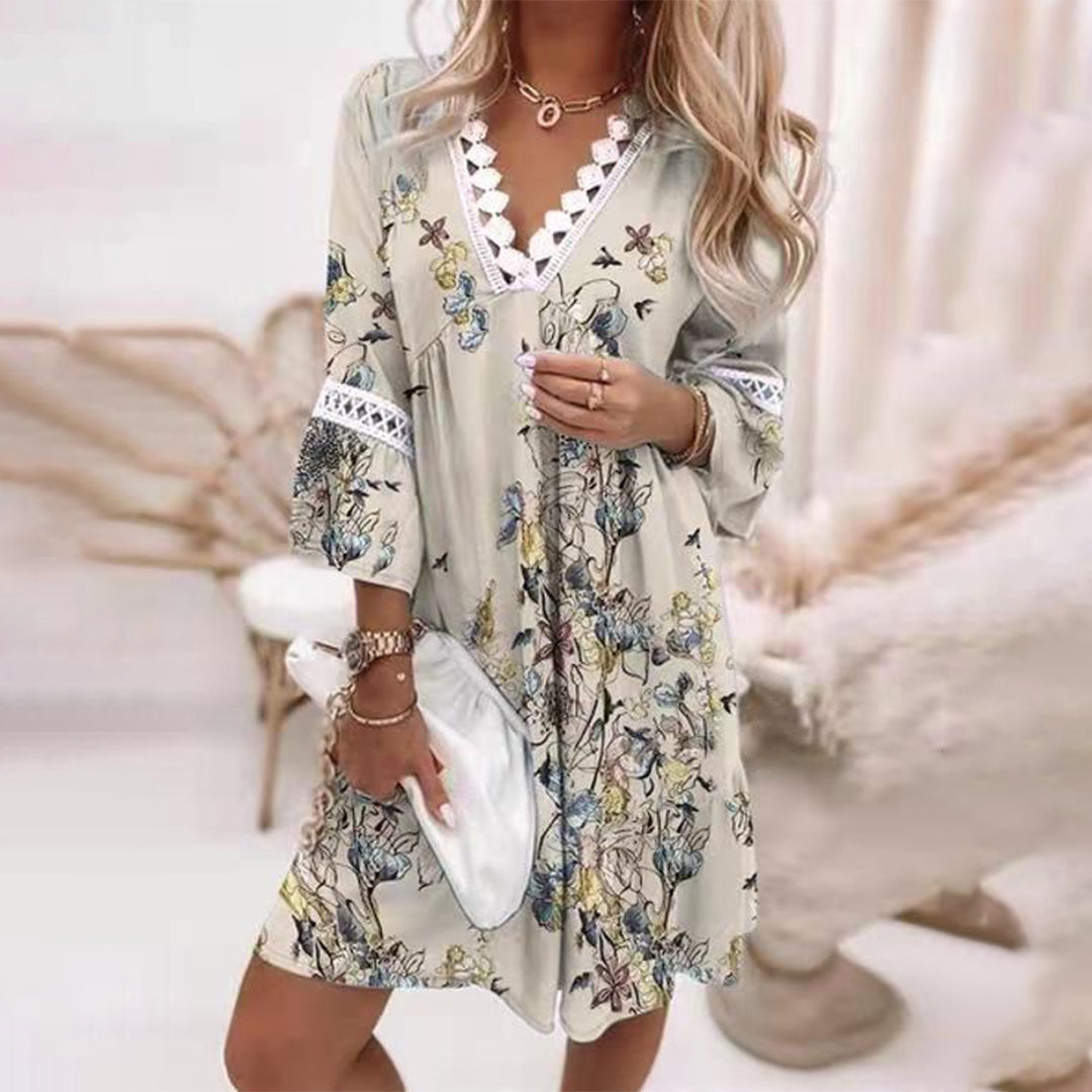 LB | Damska sukienka midi - Luźny krój - Dekolt w szpic z koronkowym wykończeniem - Naturalne włókna - Styl boho