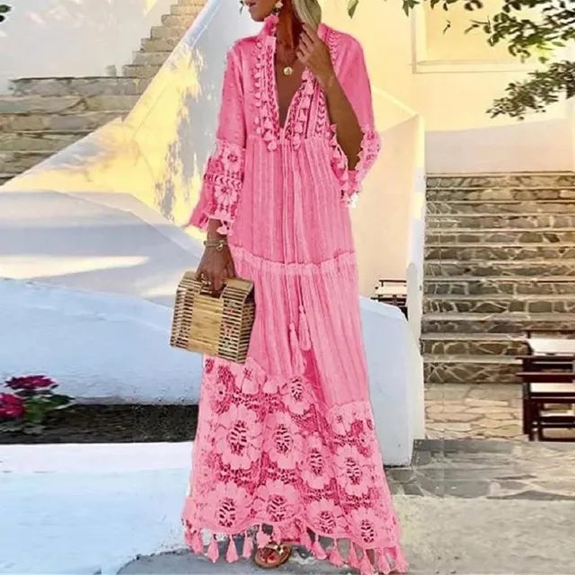 AS | Długa sukienka boho z koronką i pomponami