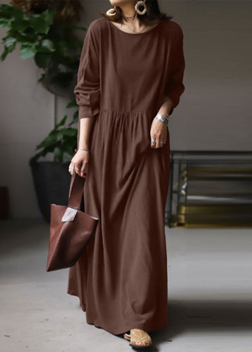 LB | White O Neck Solid BauMW | Full Maxi Dress Long Sleeve FF053