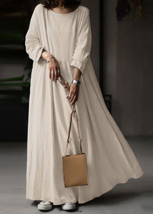 LB | White O Neck Solid BauMW | Full Maxi Dress Long Sleeve FF053