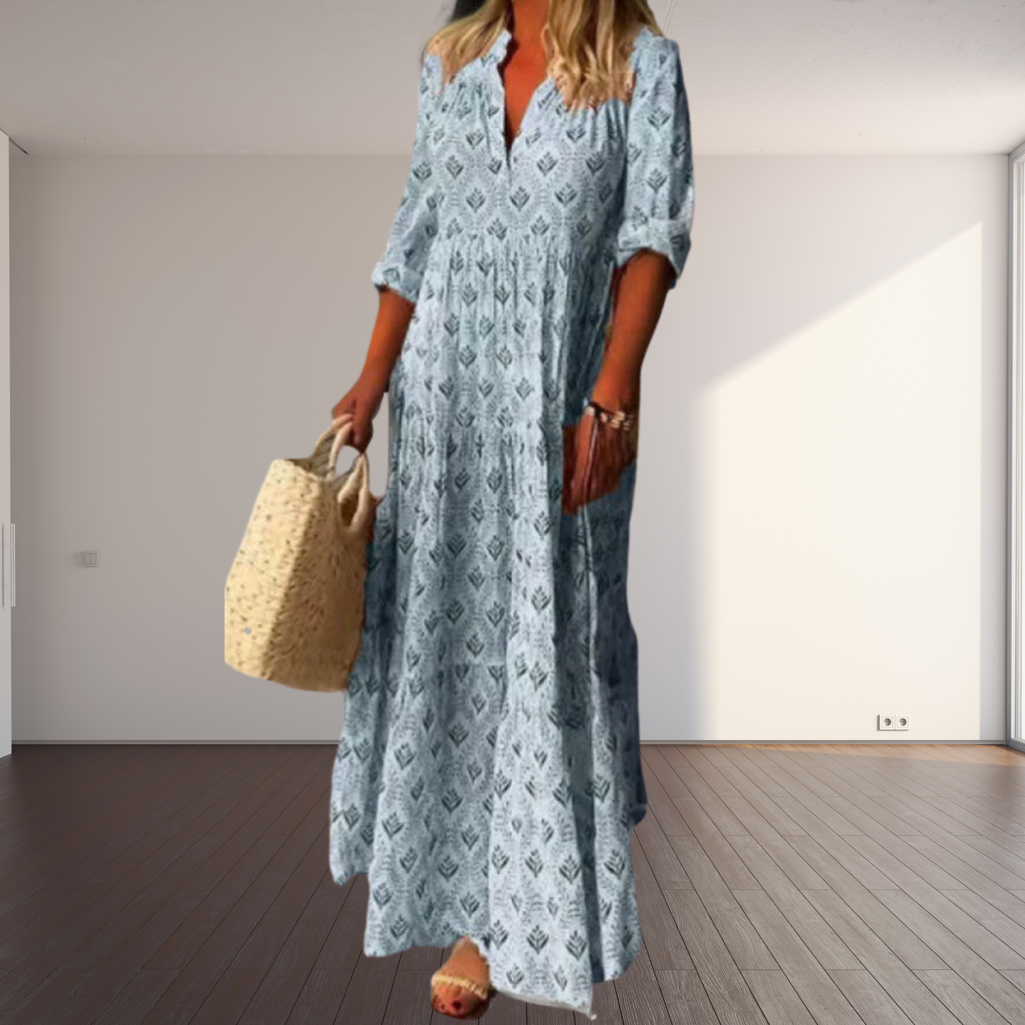 LB | Zwiewna bawełniana sukienka maxi dla kobiet z dekoltem w kształcie litery V - styl vintage na letnie okazje i elegancka sylwetka