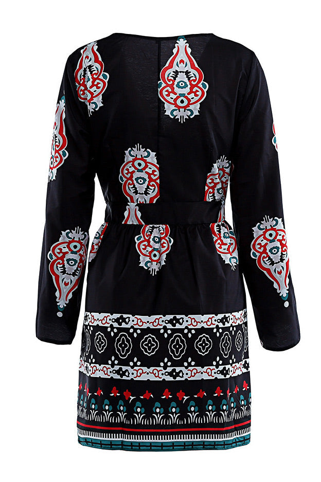 LB | Sukienka mini boho czarny nadruk z długim rękawem