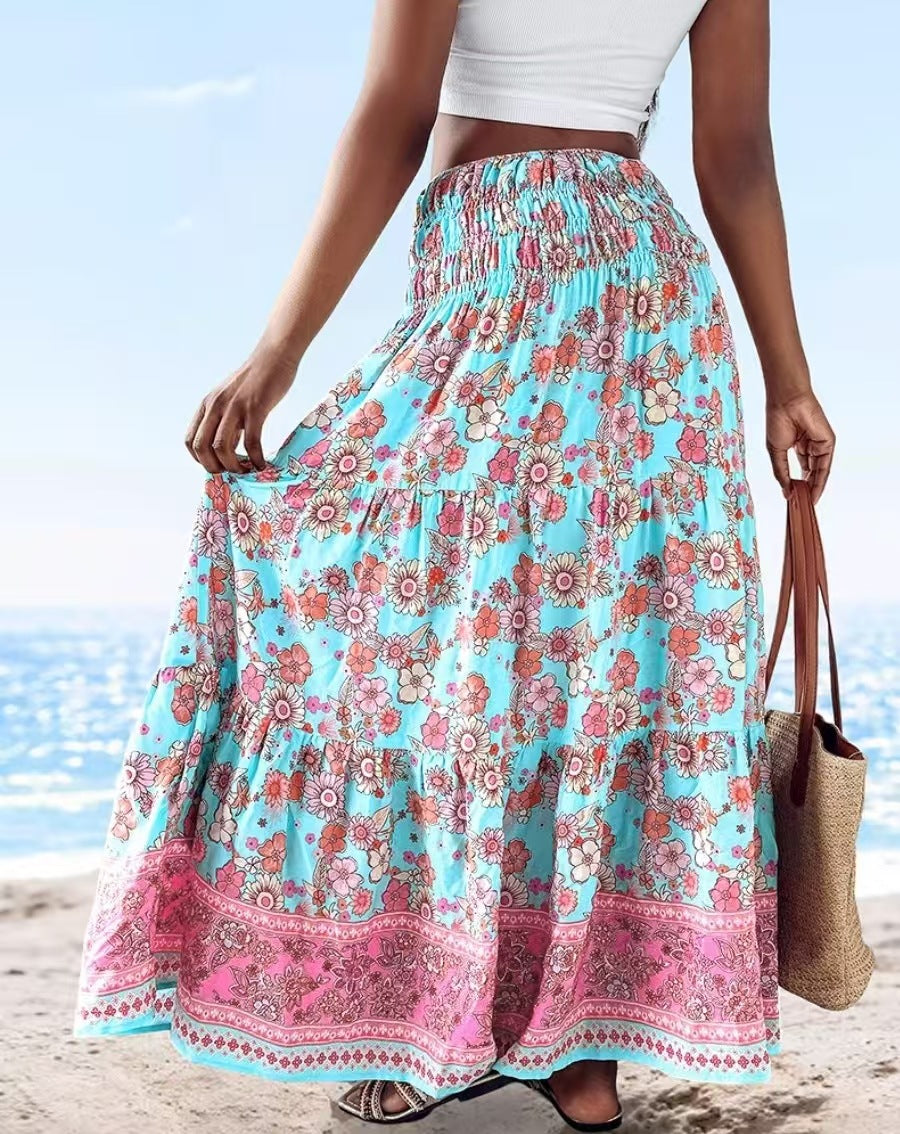 LB | Damska sukienka maxi - bandeau bez ramiączek - zwiewny krój - bawełniany nadruk w stylu boho