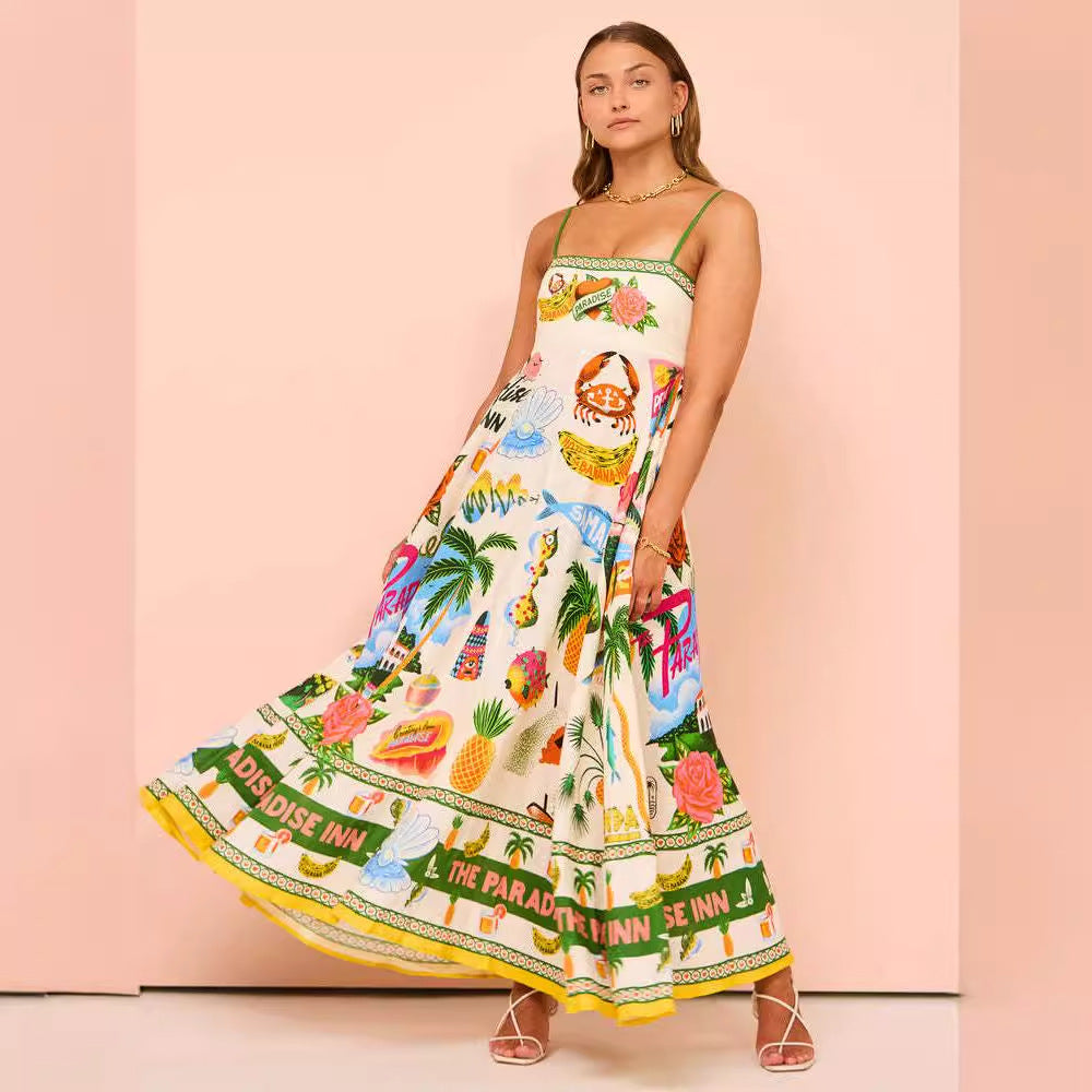 LB | Damska sukienka midi - Smocked top - Linia A - Ramiączka do spaghetti - Mieszanka bawełny