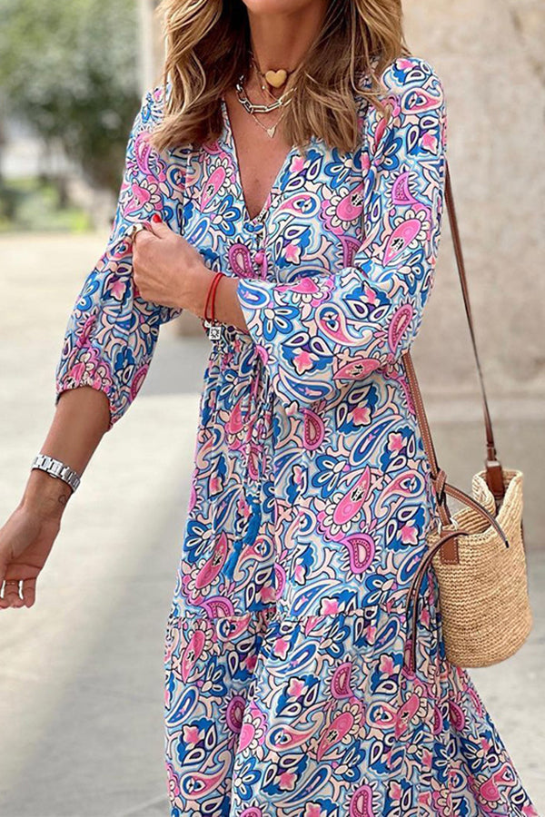 LB | Boho Paisley V-Neck Sukienka Maxi z długim rękawem