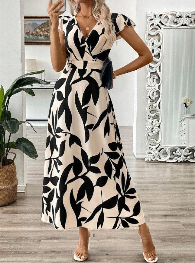 LB | Damska sukienka maxi - Styl kopertowy - Elegancki krój - Krótkie rękawy - Kwiatowy wzór - Oddychająca mieszanka