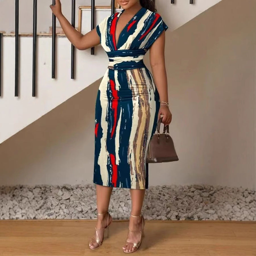 LB | Damska sukienka midi - Bodycon Slim Fit - Patchwork Denim Look z dekoltem w serek - Rękaw typu cap