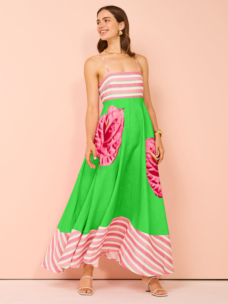 LB | Damska sukienka midi - Smocked top - Linia A - Ramiączka do spaghetti - Mieszanka bawełny