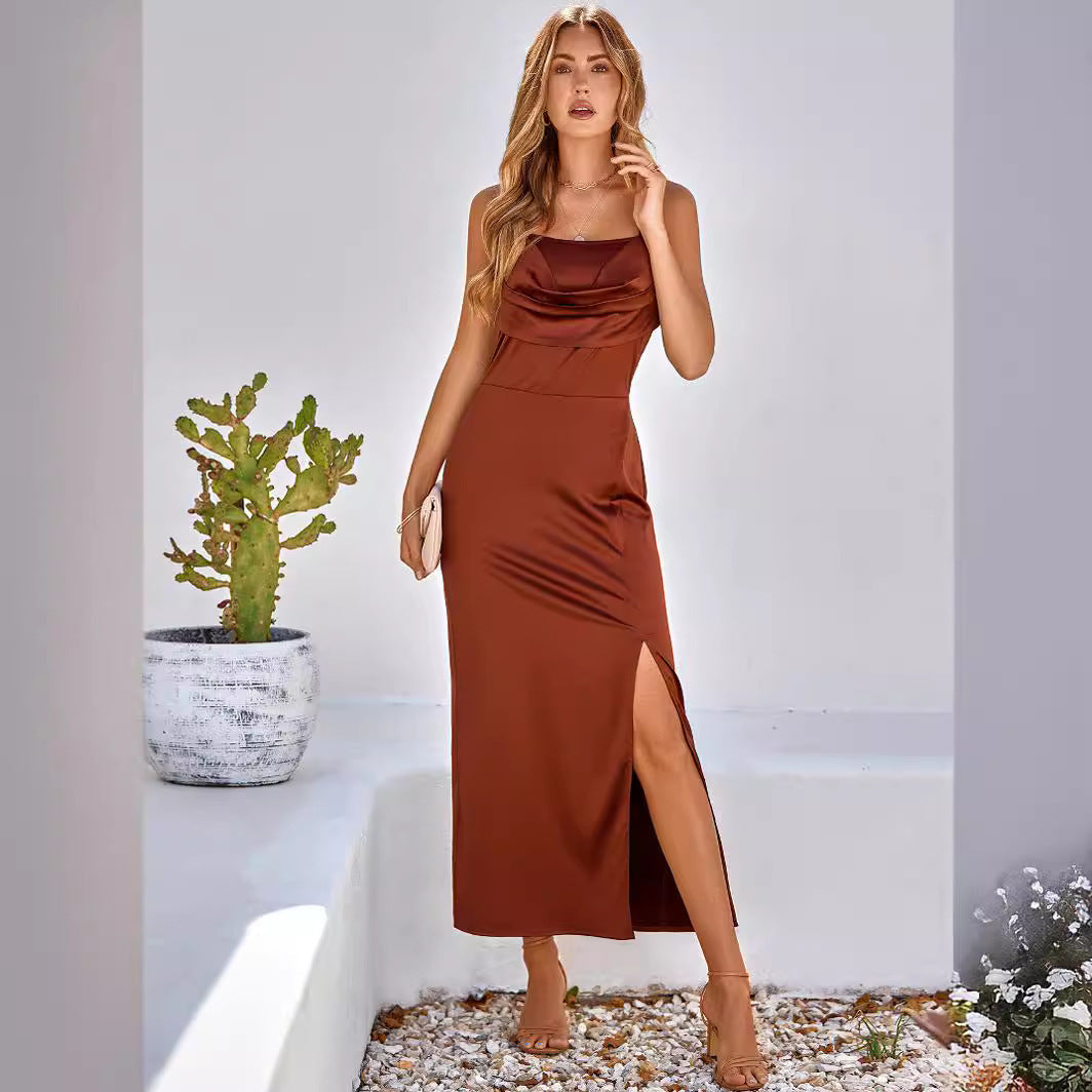 LB | Damska sukienka maxi - Slim fit - Satynowe wykończenie - Okrągły dekolt - Ramiączka spaghetti - Rozcięcie z boku