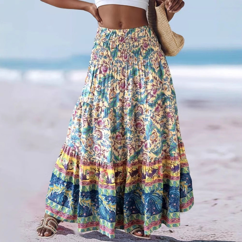 LB | Damska sukienka maxi - bandeau bez ramiączek - zwiewny krój - bawełniany nadruk w stylu boho