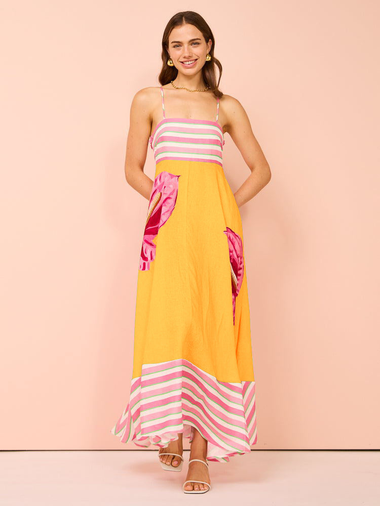 LB | Damska sukienka midi - Smocked top - Linia A - Ramiączka do spaghetti - Mieszanka bawełny