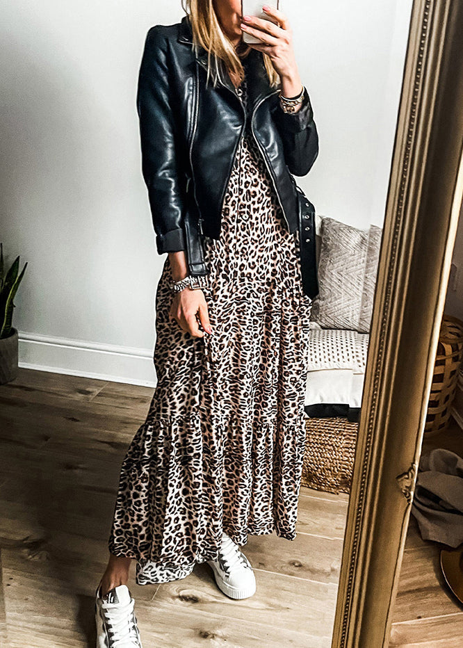 LB | Plus Size Leopard V-Neck Patchwork Maxi Dress Jesień