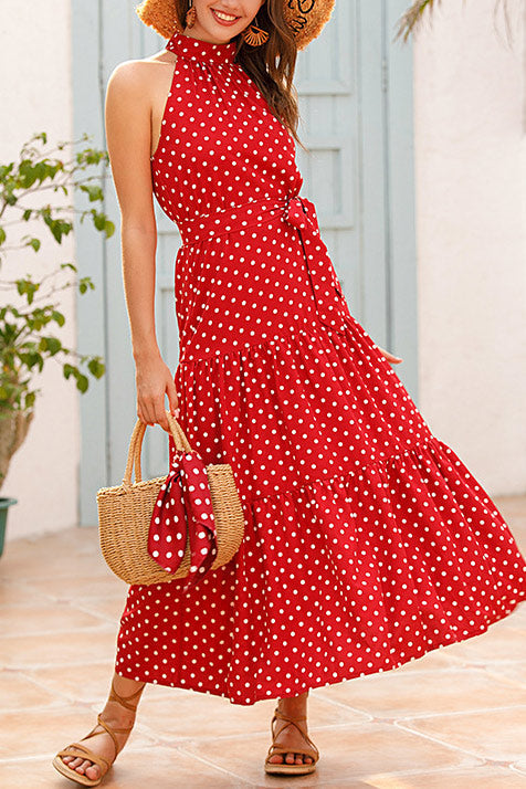 LB | Polka Dot Halter Maxi Dress z paskiem