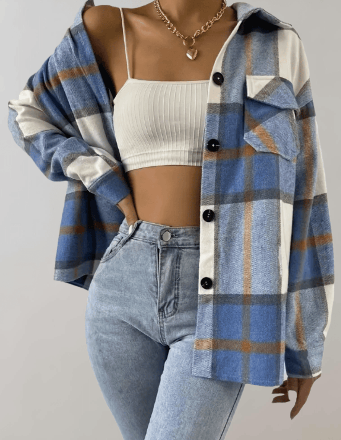 LB | Stylowy płaszcz damski oversize w niebieską kratę