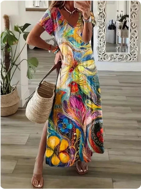 LB | Geometryczna koszulka z nieregularnym nadrukiem Długa sukienka damska Letnia sukienka z okrągłym dekoltem i krótkim rękawem w kształcie litery A Casual Holiday Robe