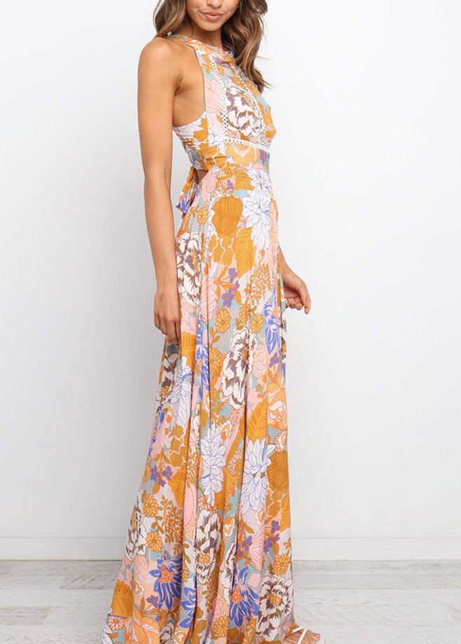 LB | Slim Fit Colorblock Print Backless Tunic Maxi Dresses Sleeveless