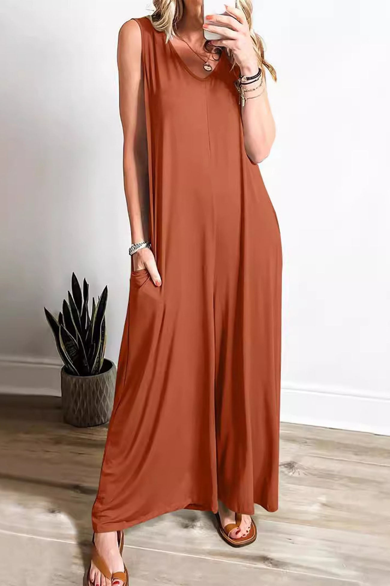 LB | Solidne kombinezony z szerokimi nogawkami i kieszeniami V-neck