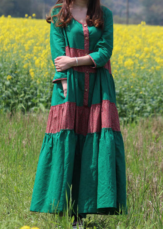 LB | Green Print Pockets Maxi Dress Długi rękaw VB1029