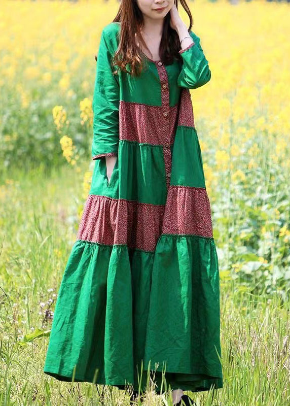 LB | Green Print Pockets Maxi Dress Długi rękaw VB1029