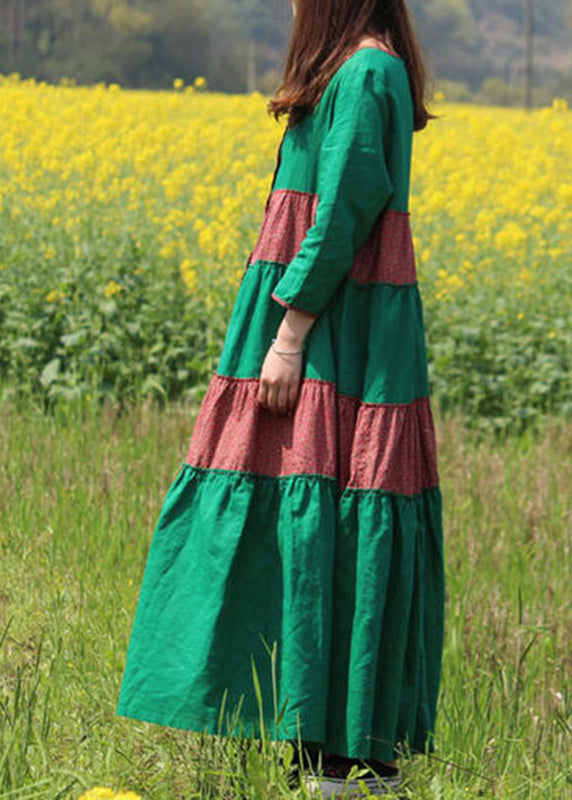 LB | Green Print Pockets Maxi Dress Długi rękaw VB1029