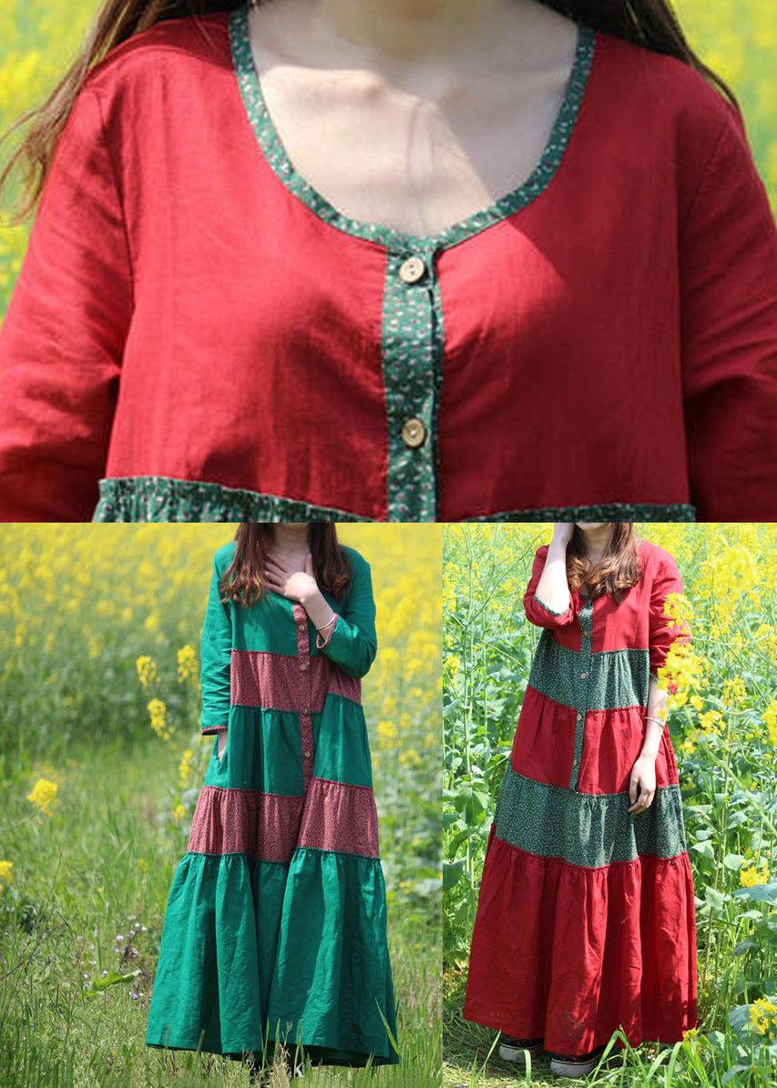 LB | Green Print Pockets Maxi Dress Długi rękaw VB1029
