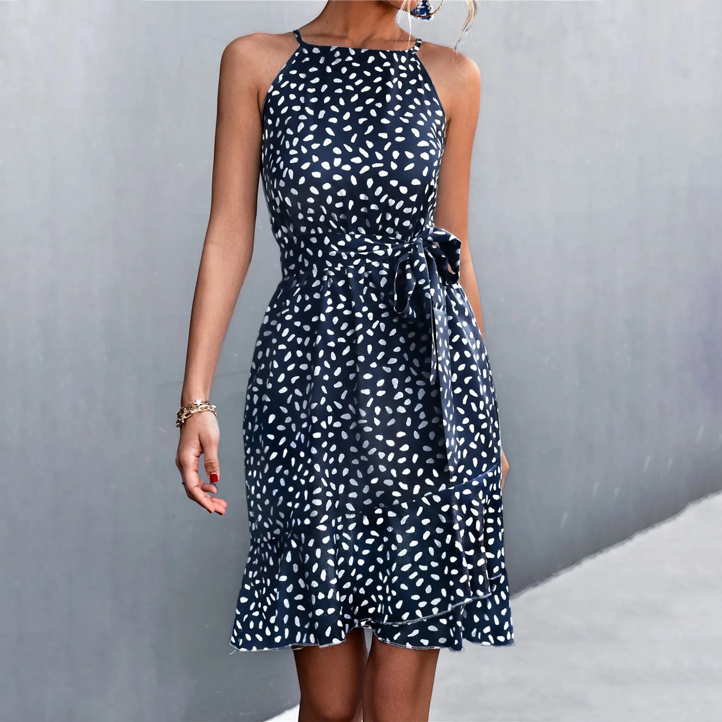 LB | 2024 Boho Floral Print Sling Lace-up Midi Dress z paskiem