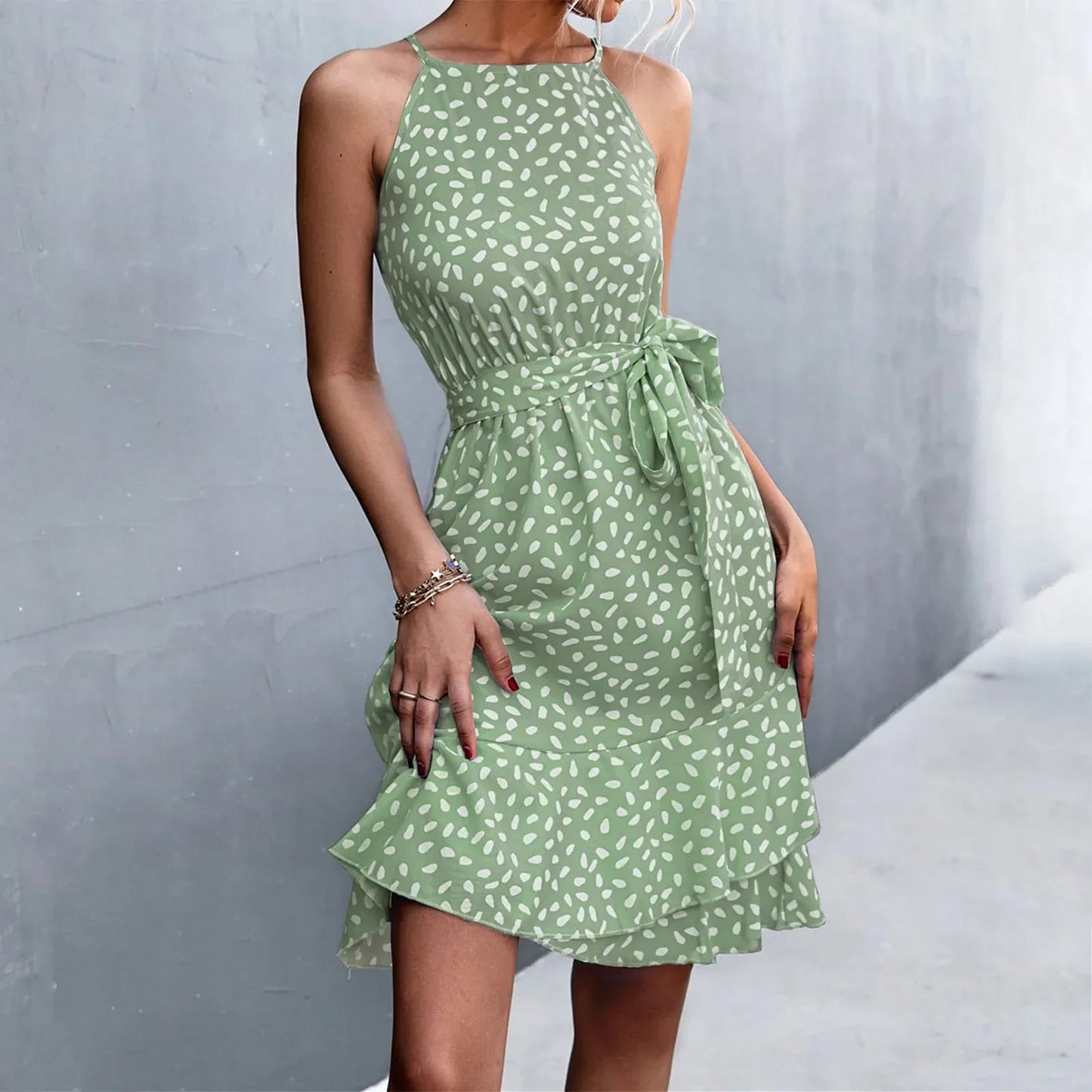 LB | 2024 Boho Floral Print Sling Lace-up Midi Dress z paskiem