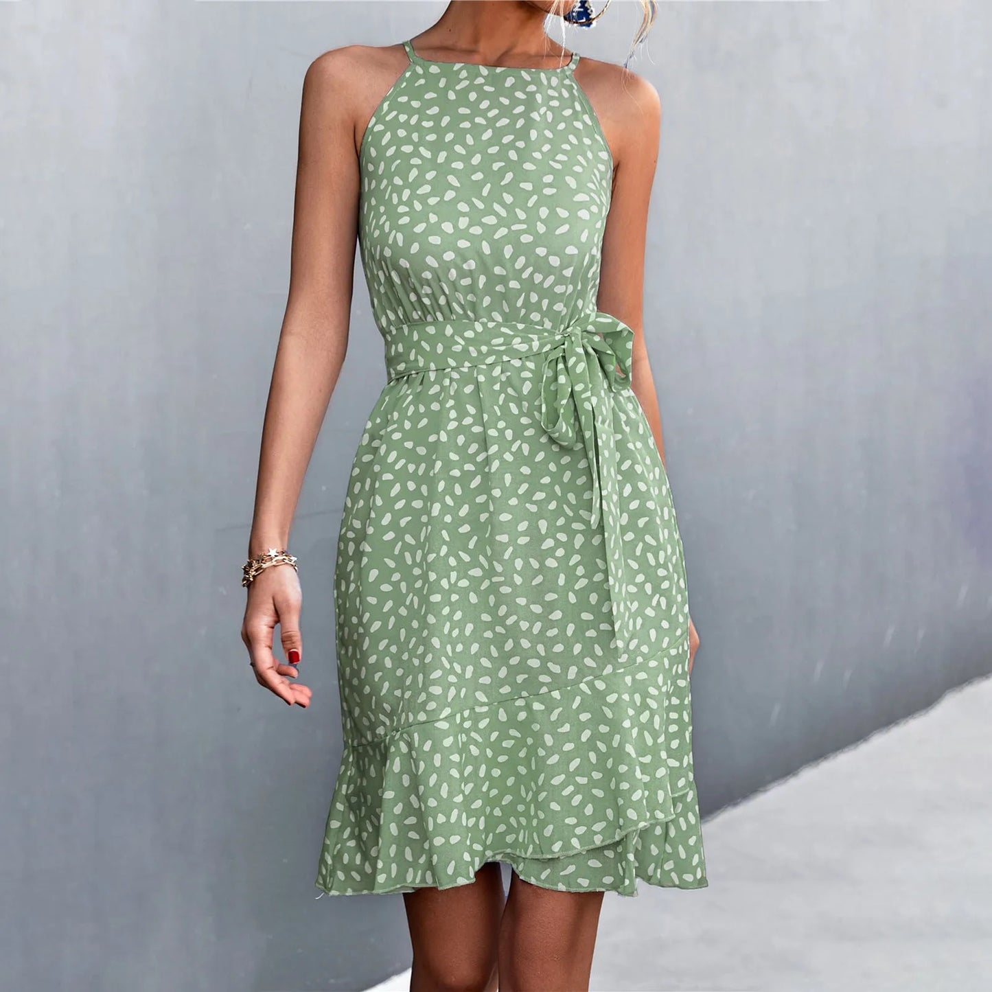 LB | 2024 Boho Floral Print Sling Lace-up Midi Dress z paskiem