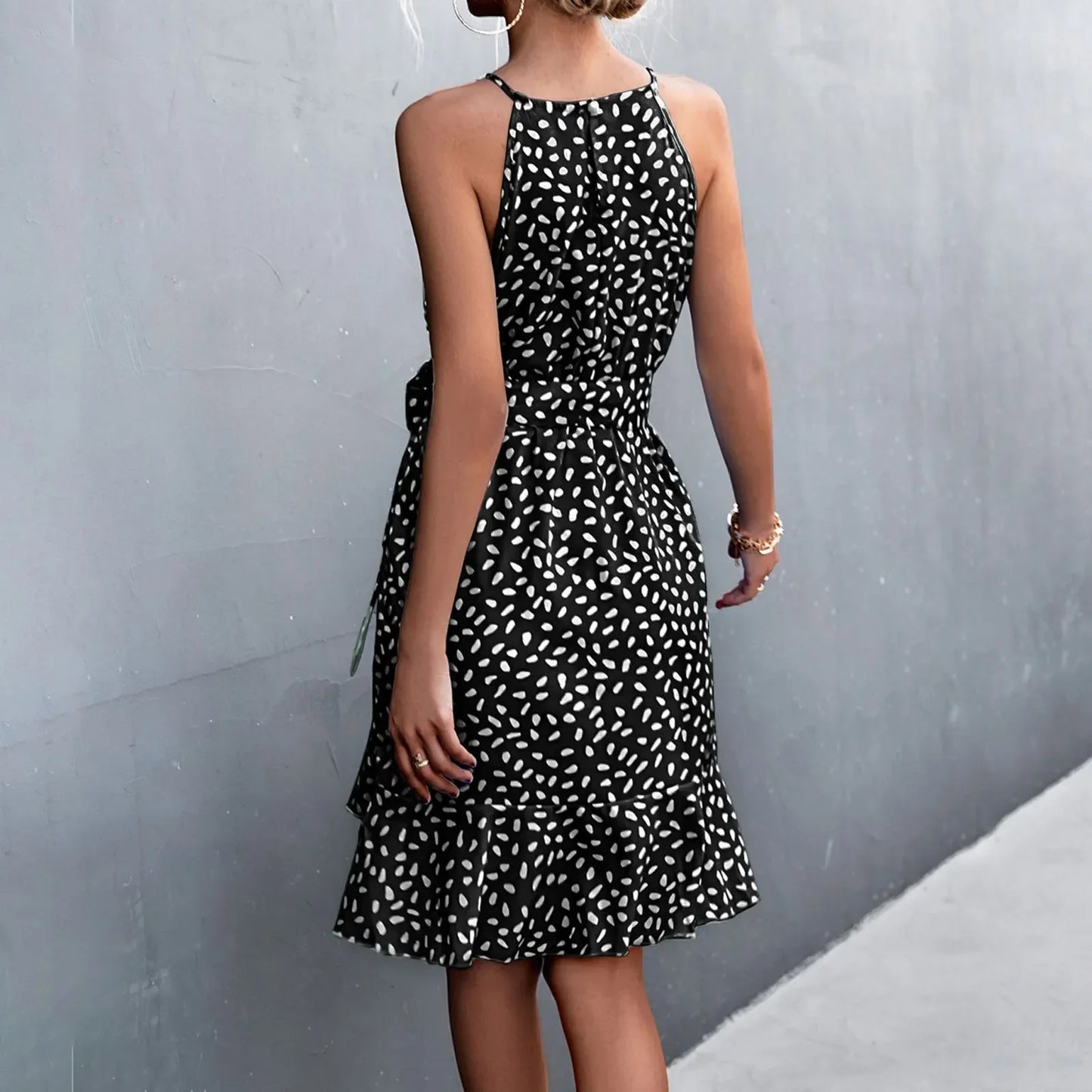 LB | 2024 Boho Floral Print Sling Lace-up Midi Dress z paskiem