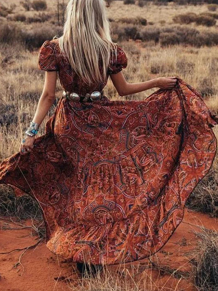 LB | 2024 Elegancka sukienka maxi z wysokim stanem w stylu boho z kwiatowym nadrukiem