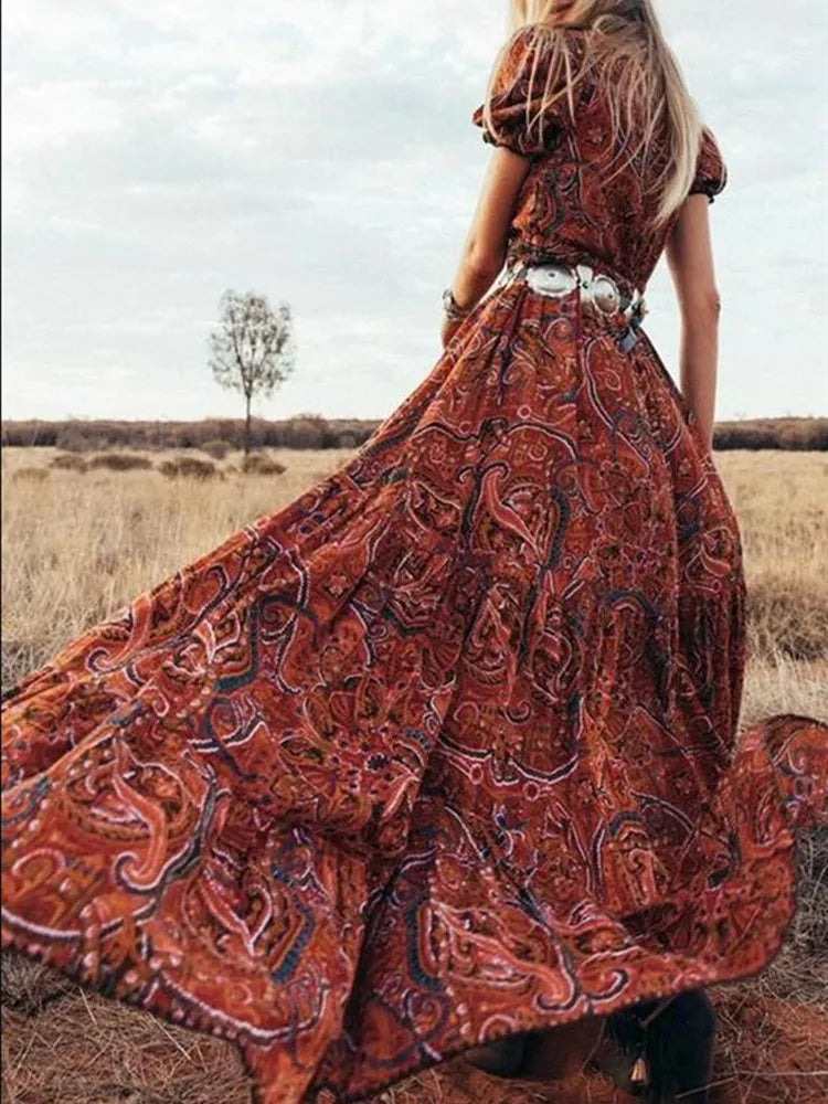 LB | 2024 Elegancka sukienka maxi z wysokim stanem w stylu boho z kwiatowym nadrukiem