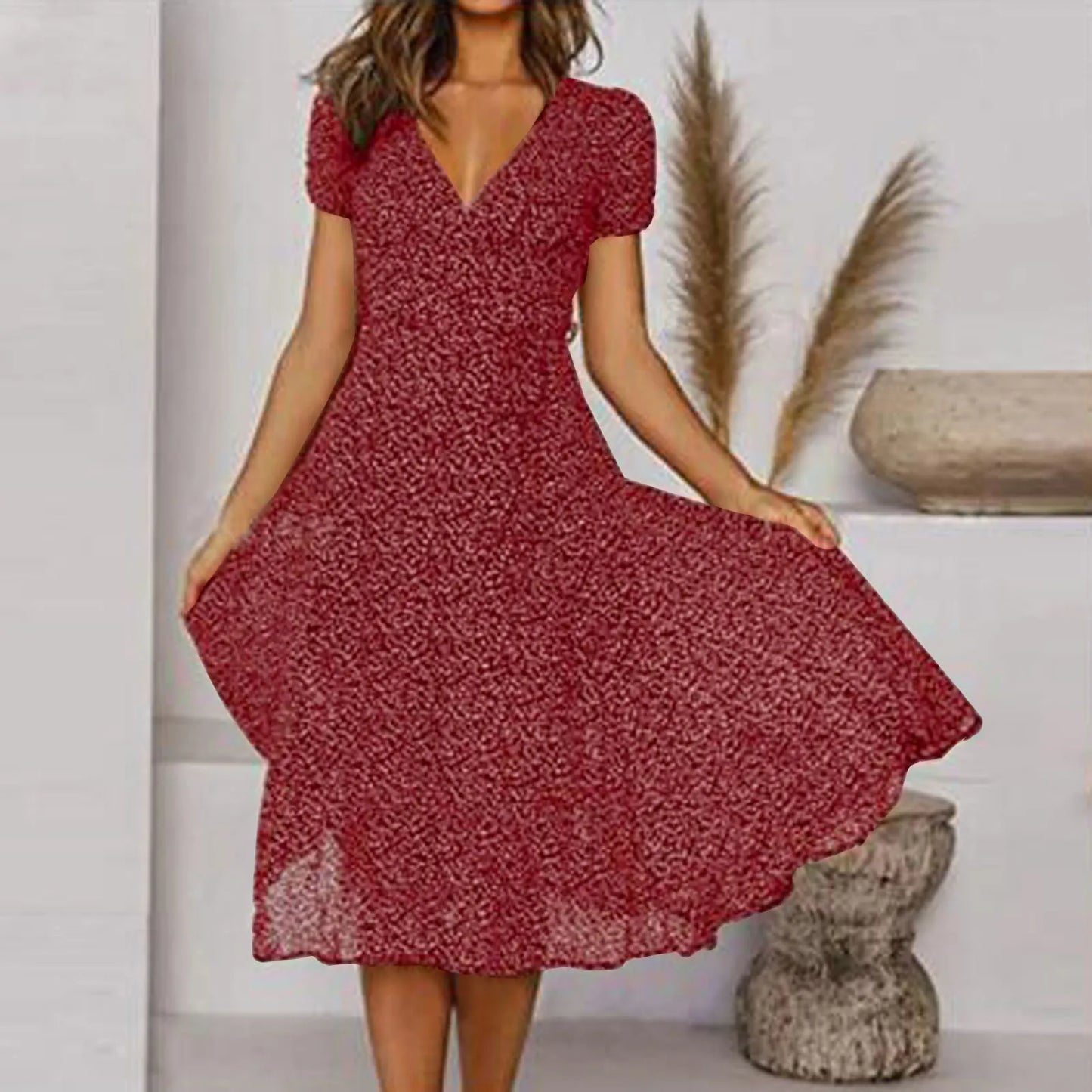 LB | Women Sexy Short V-Neck Floral Polka Dot Casual Boho Sun Midi Dresses