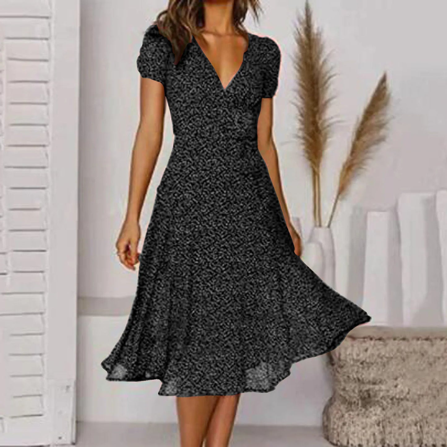LB | Women Sexy Short V-Neck Floral Polka Dot Casual Boho Sun Midi Dresses