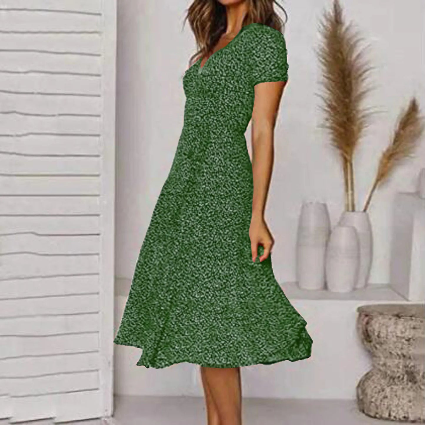 LB | Women Sexy Short V-Neck Floral Polka Dot Casual Boho Sun Midi Dresses