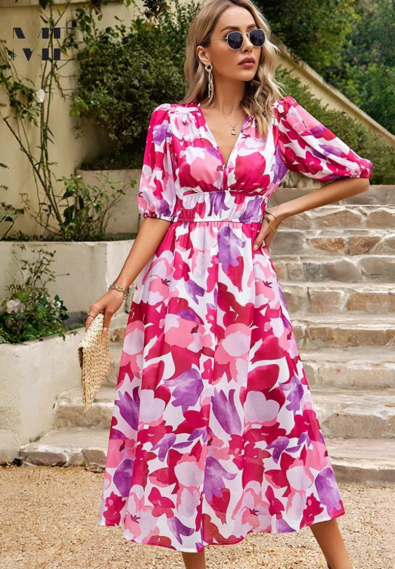LB | Sukienka midi Elegancka sukienka z bufiastym rękawem w kwiaty