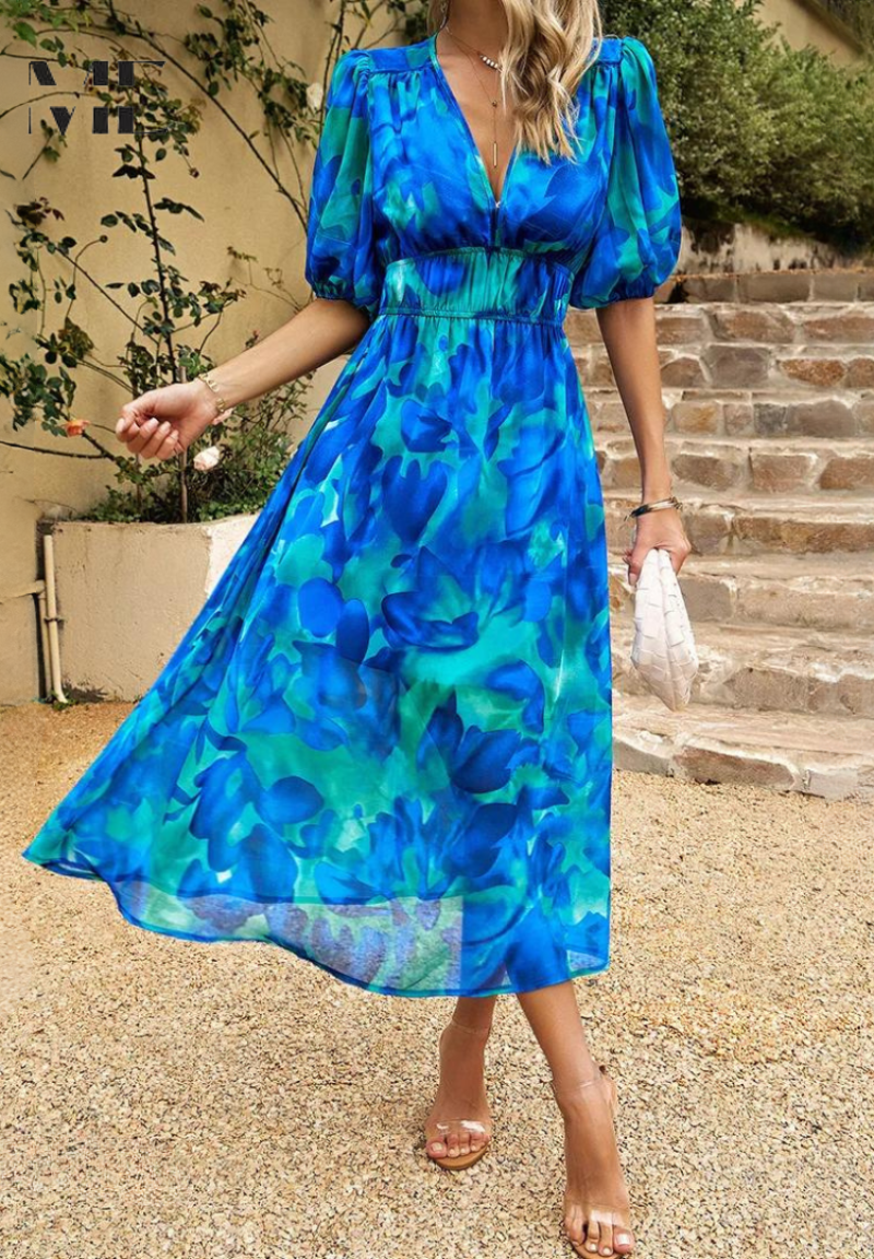 LB | Sukienka midi Elegancka sukienka z bufiastym rękawem w kwiaty