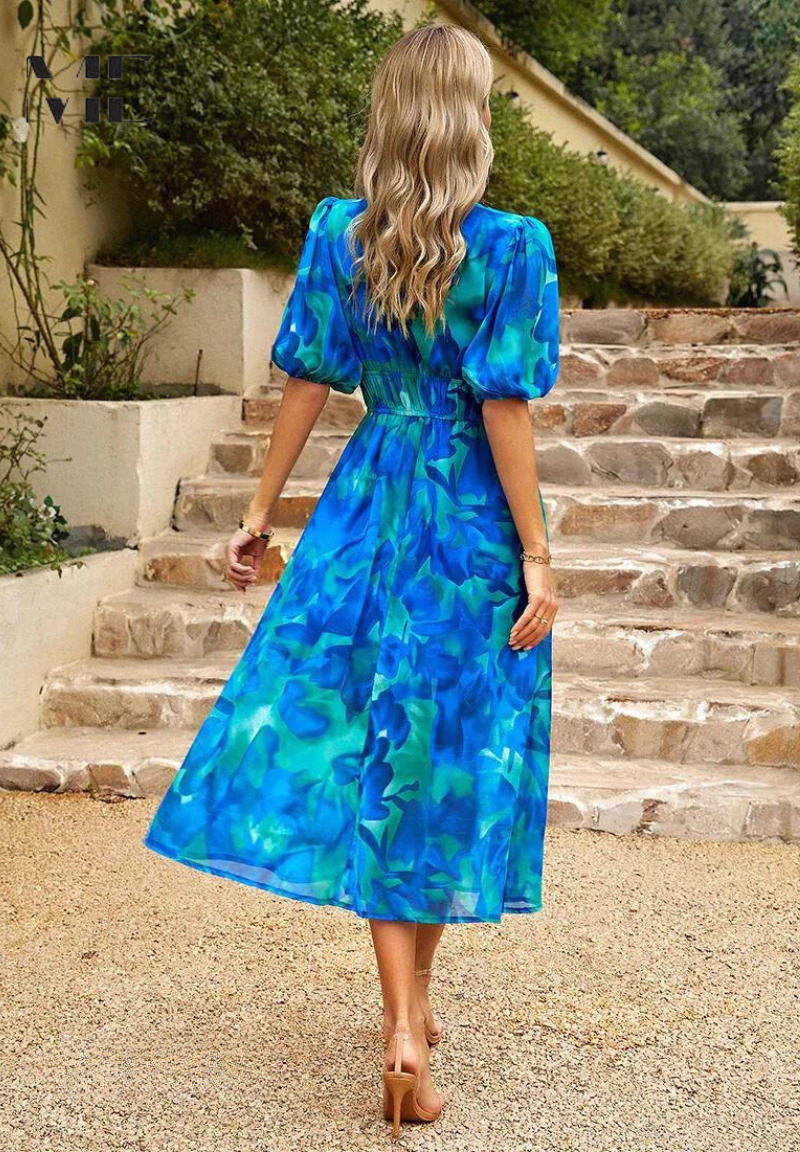 LB | Sukienka midi Elegancka sukienka z bufiastym rękawem w kwiaty