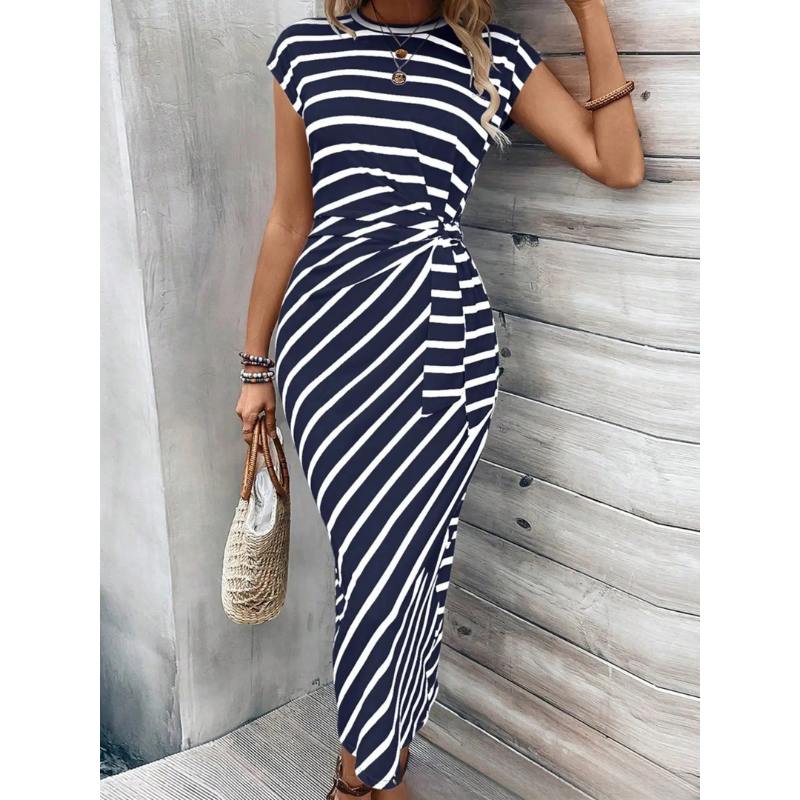 LB | Damska sukienka midi - Okrągły dekolt w paski - Krój bodycon z wiązaniem w talii - Swobodny letni styl