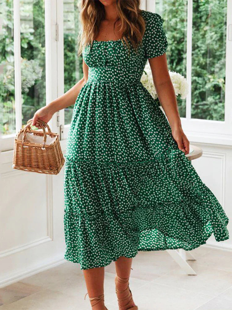 LB | Vintage Print Puff Sleeve Beach Sweet Square Floral Maxi Long Festa Midi Dresses